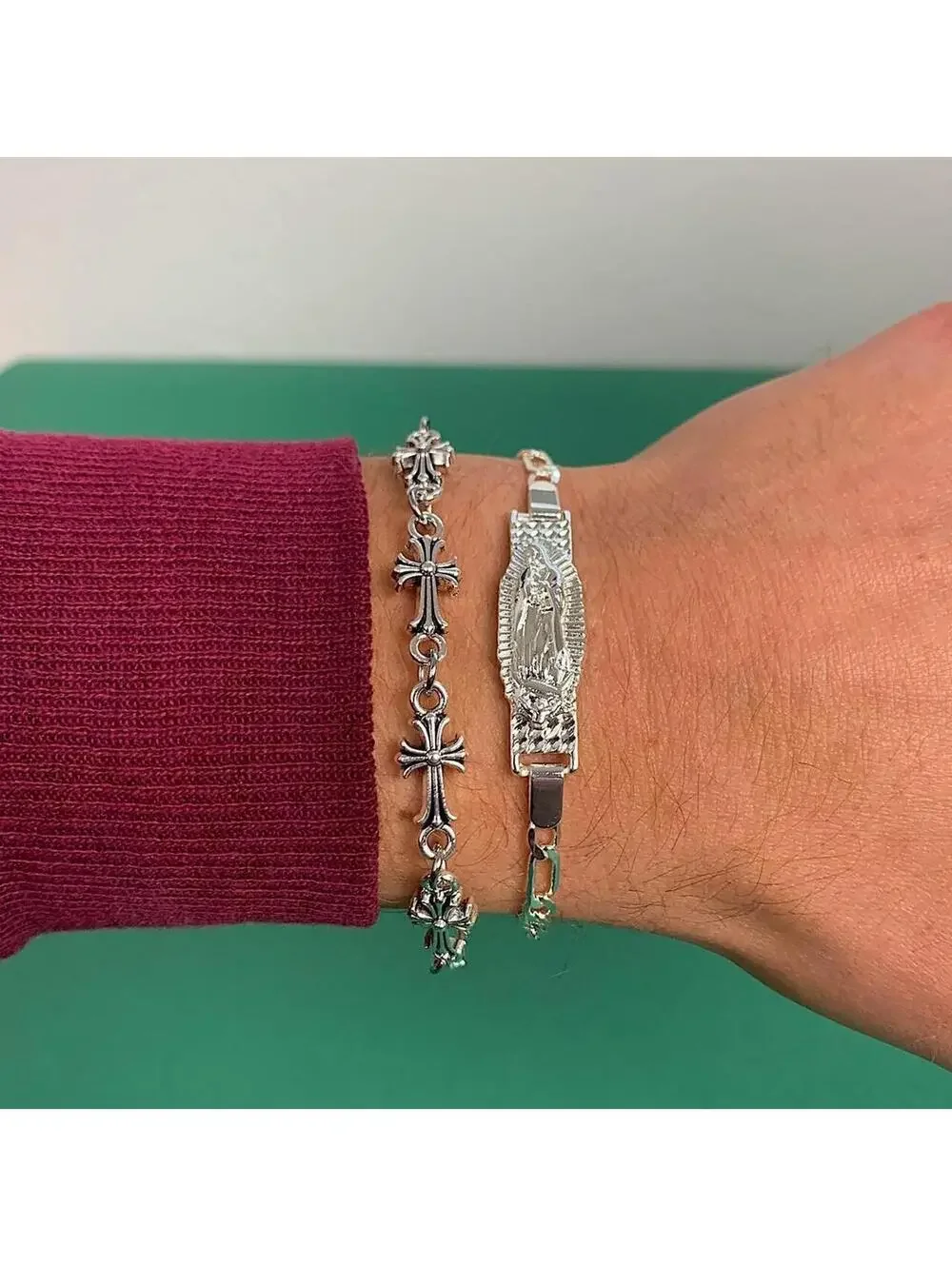Vintage Y2k Style Silver Saint Marry Cuban Link Figaro Bracelet. Nice quality